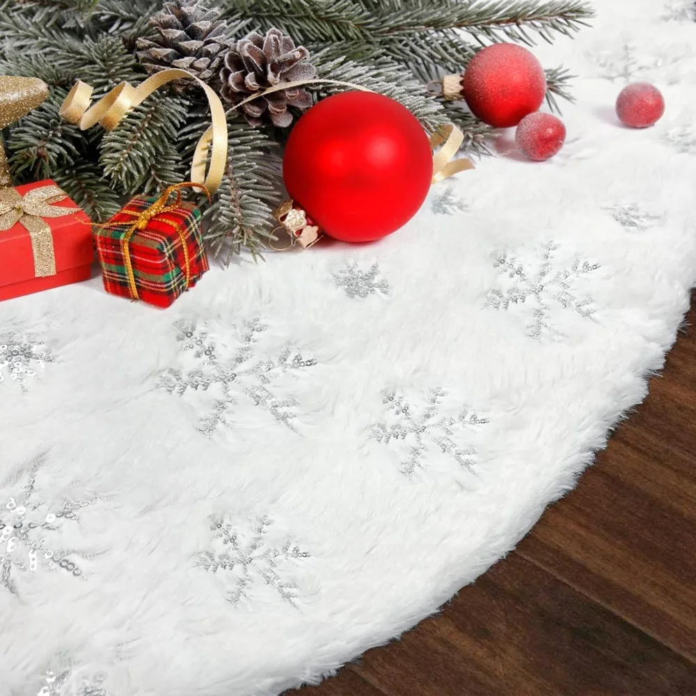 

Christmas Tree Skirt 96 Inch, 2X Larger Silver Snowflake White Christmas Tree Decorations Indoor Sequin Tree Collar Faux