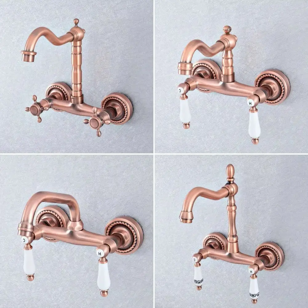Antique Red Copper Brass Wall Mounted Two Handles Levers Bathroom Kitchen Sink Faucet Mixer Tap Swivel Spout asf859