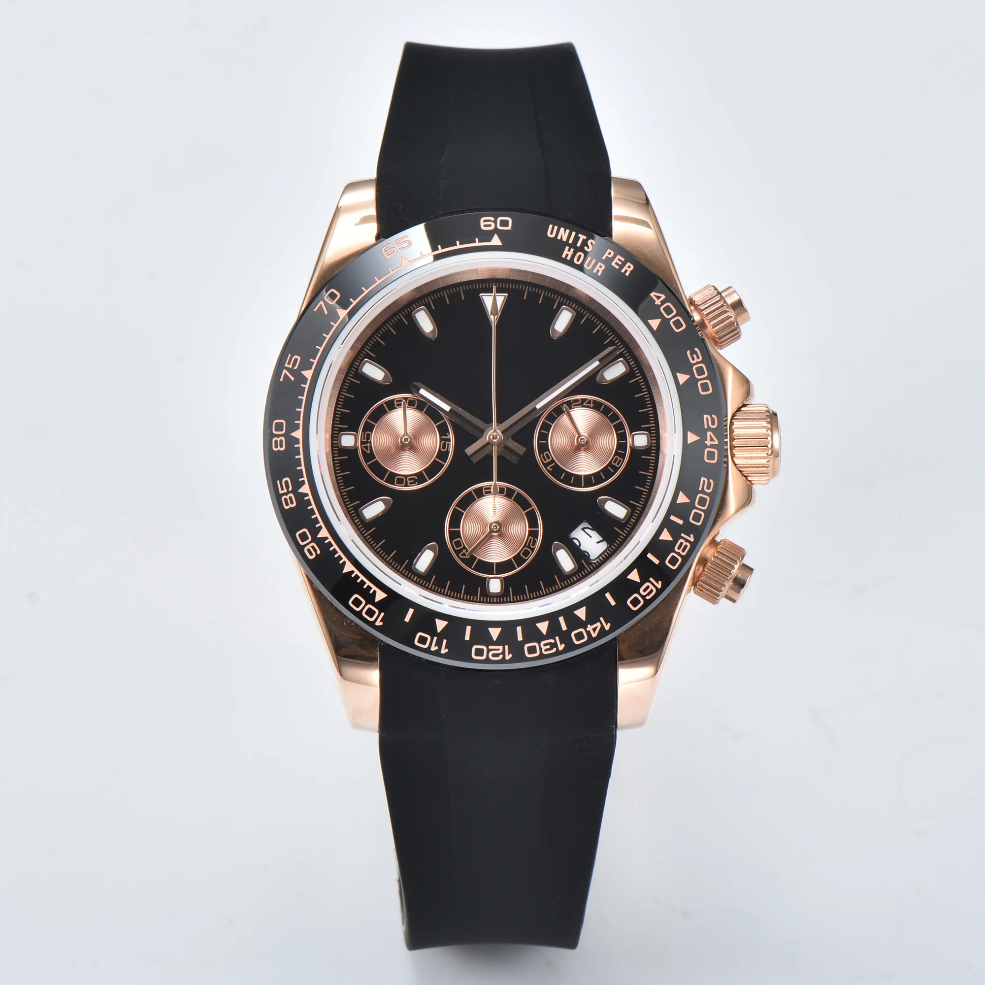 40mm 럭셔리 크로노 그래프 남자 시계 40mm 로즈 골드 케이스 사파이어 그린 빛나는 석영 남자 시계