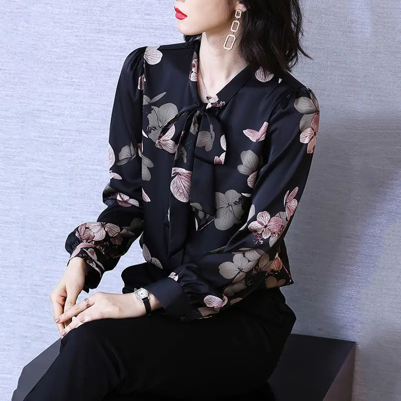 Blusa de manga larga con cuello de bufanda para mujer, camisa con estampado Floral y botones, ropa de primavera y otoño, elegante y Vintage, nueva