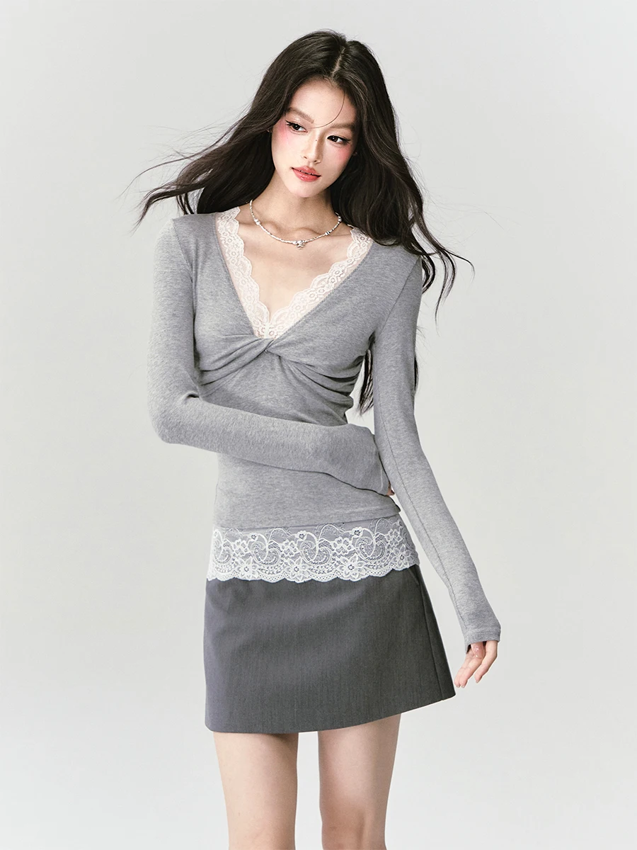 

Fragile Heart Lace Patchwork V-Ne Knitted Slim Fit Top Korean Sle Commute Wind Creative Pattern Universal Size Bodycon irt