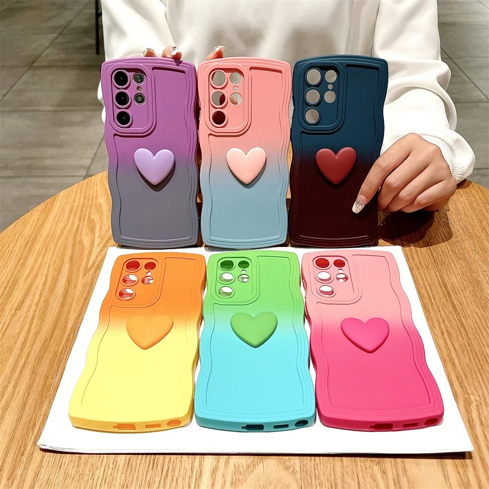 Fashion Love Heart Wave Phone Case For Samsung Galaxy S24 S23 S22 S21 S20 Plus Ultra FE A54 A52 A34 A13 A34 A71 Gradient Cover