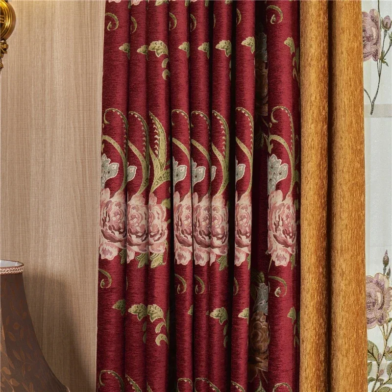 HQYQJJHYR النبيذ الأحمر الفاخرة الشنيل الجاكار سماكة ستائر التعتيم لغرفة المعيشة غرفة نوم مخصص الفرنسية نافذة الستائر #4