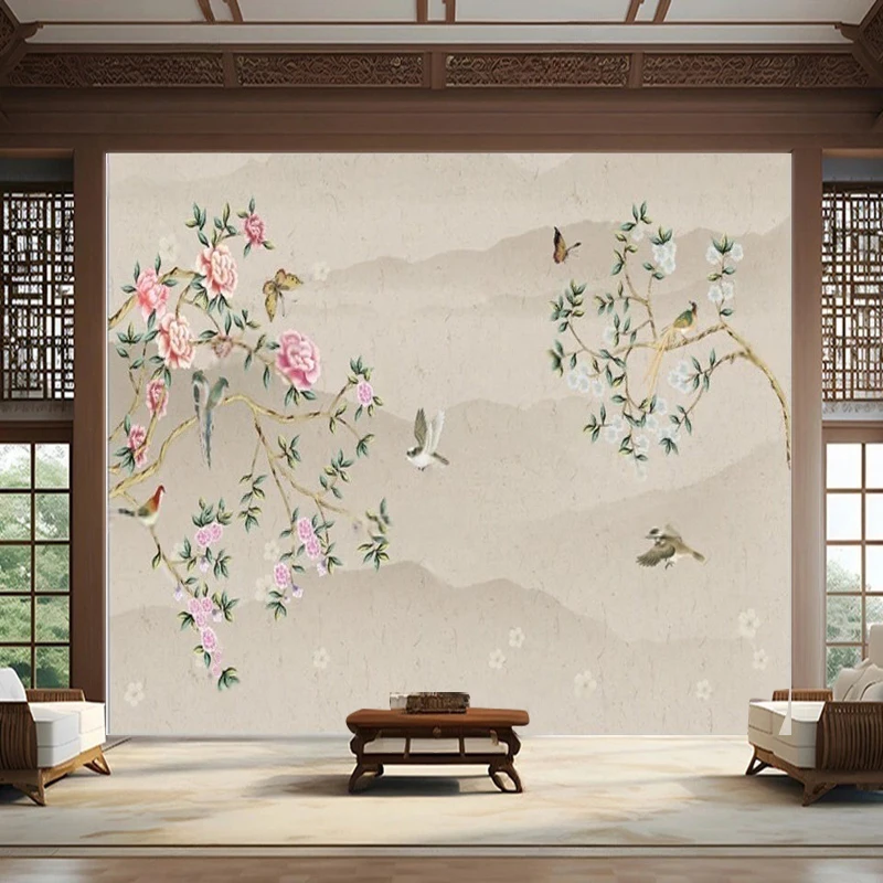 New Chinese-Style Hand-Painted Meticulous Flower-And-Bird Paintings Tree Branches Ink-Wash Landscape Clear TV Screen Murals