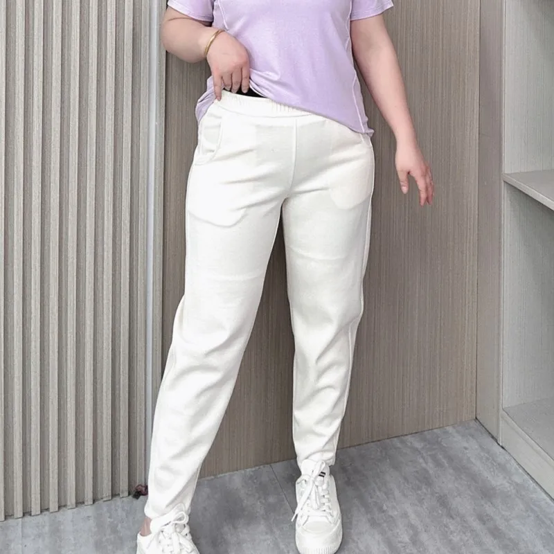 Pantalones bombachos de cintura alta para mujer, pantalón de talla grande, fino, cómodo, bordado con bolsillo trasero, longitud hasta el tobillo, novedad de primavera y verano