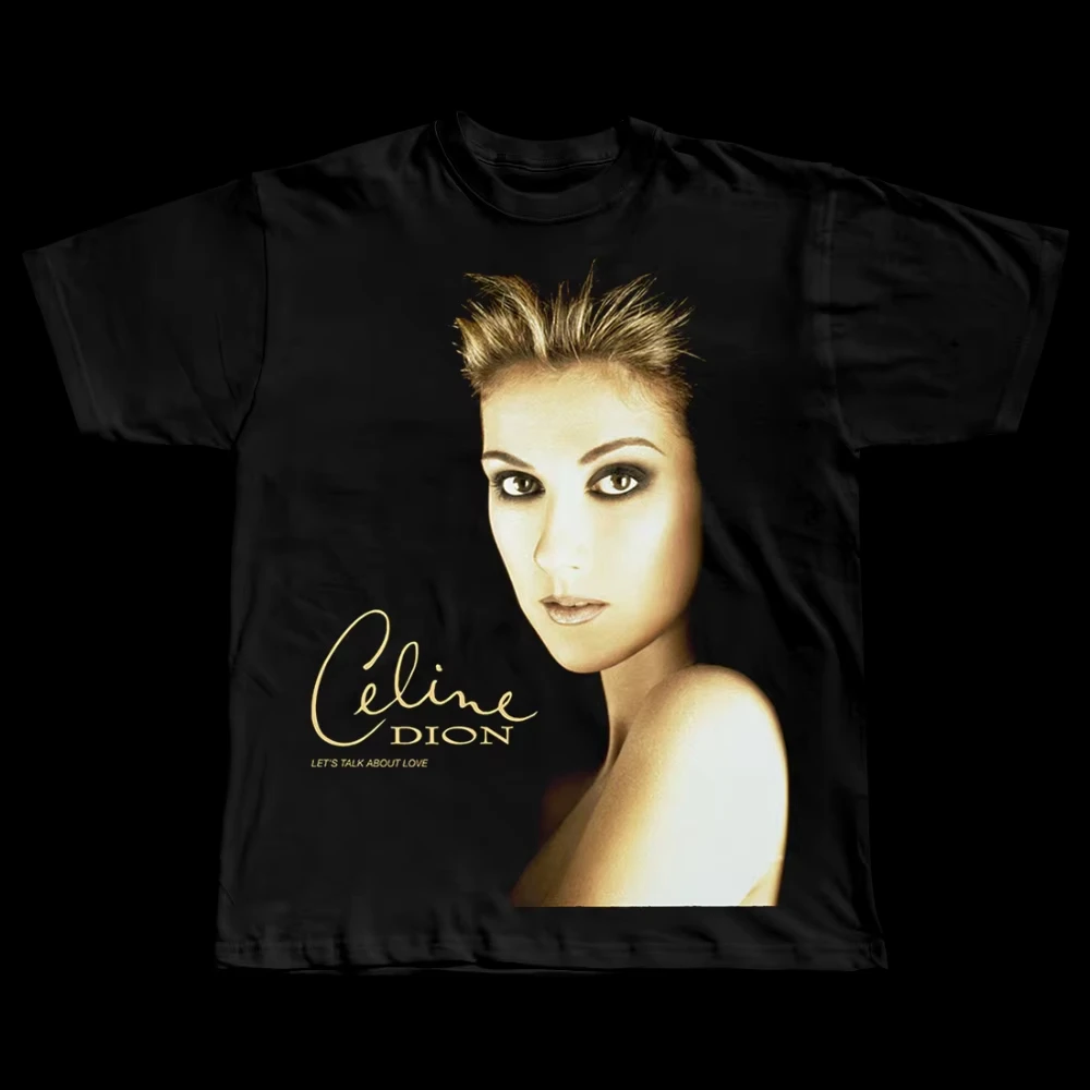 Celine Dion portrait Graphic 100%Cotton Unisex Shirt 2026 Summer New Y2k Fashion Men's women's Vintage Music Commemorate Tshirt