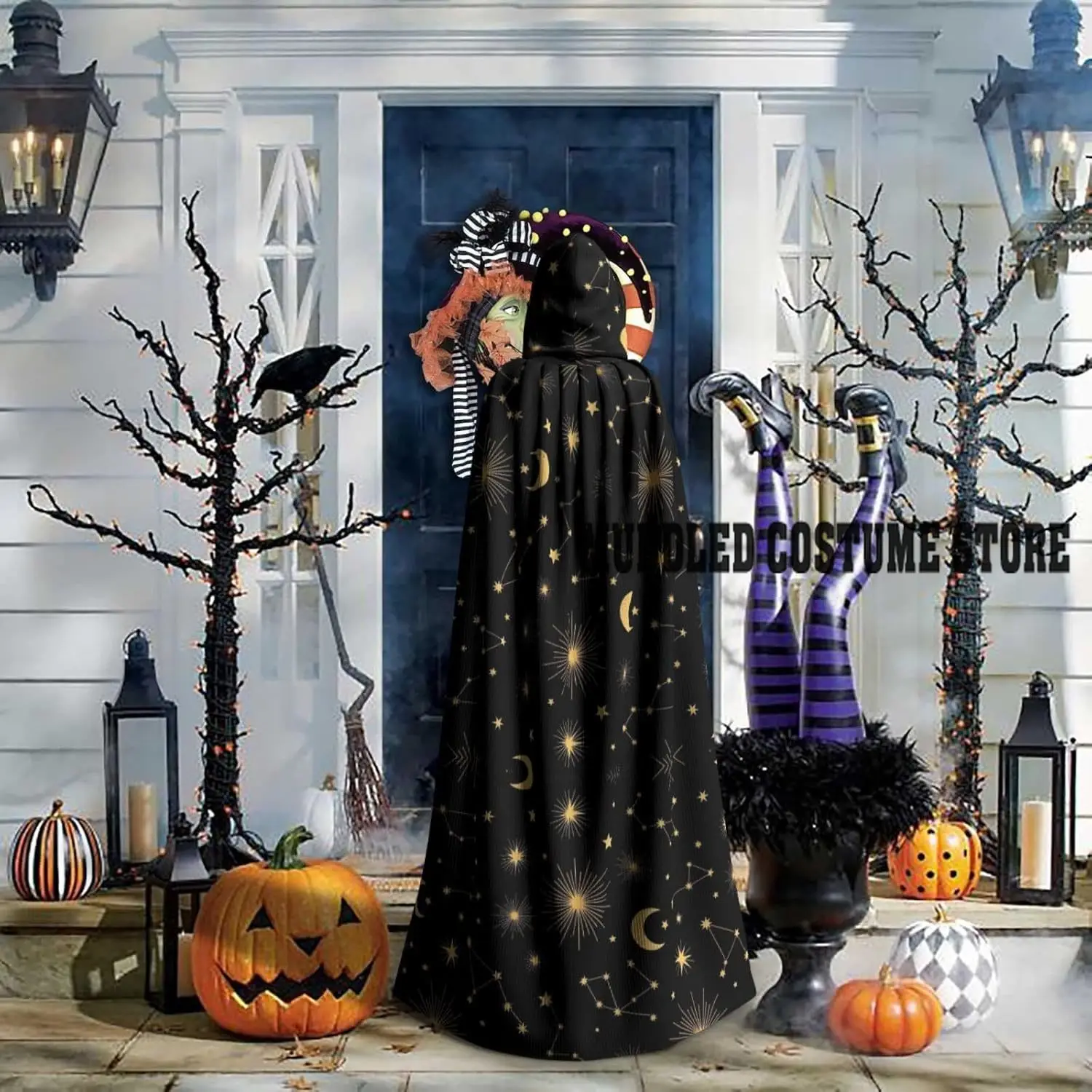 النجوم والقمر مقنعين عباءة الساحرة زي تأثيري كيب هالوين معطف الكبار للجنسين