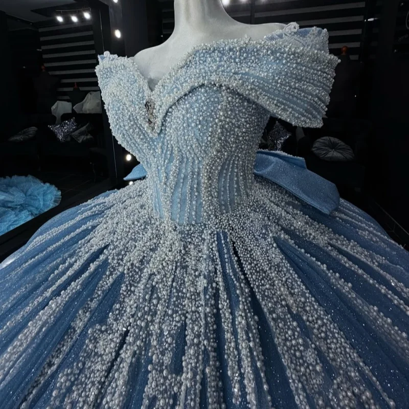 Gradient Blue Quinceanera Dress off-shoulder Peal Beadwork Decal Long Tail Lace Ruffle Bow Vestidos De 15 Quinceanera ﻿Customize