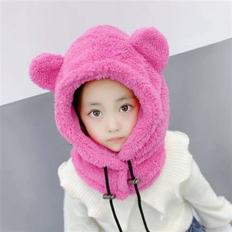 Winter Children Hat Scarf In One Plus Fleece Kids Warm Caps Parent-child Cartoon Windproof Hats For Girls Boys Earflap Cap