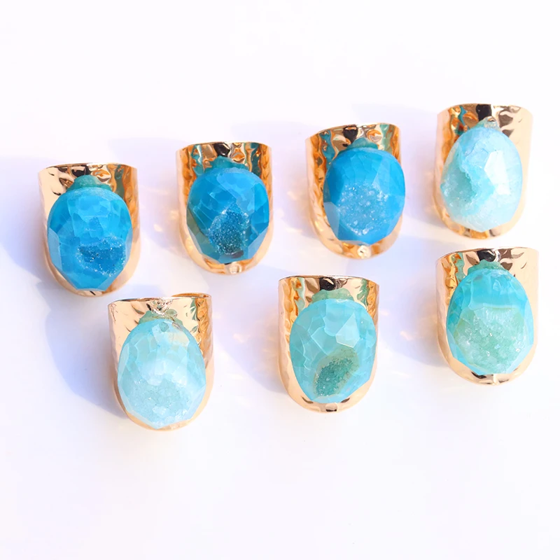 Irregular Natural Stone Geode Agate Slices Open Rings for Women Boho Resizable Ring Jewelry