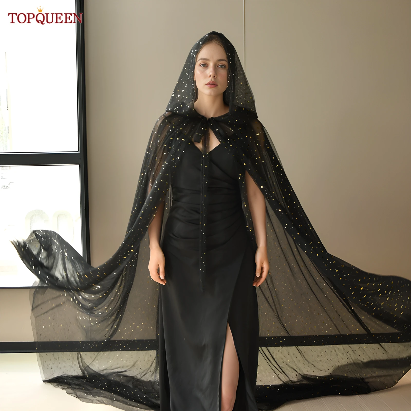 

TOPQUEEN Vg127 Long Star Sequin Cape For Women Double-Layer Hooded Design Halloween Gift Wedding Accessory Customizable