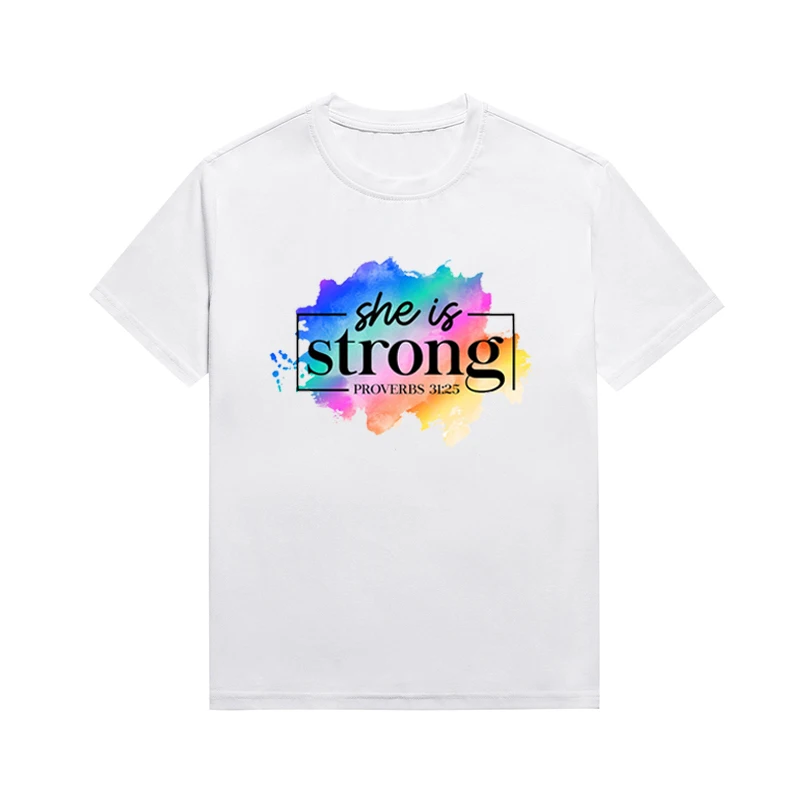 She Is Strong Proverbs 31:25 Slogan Lady Tee Y2k Tops Casual Christian Short Sleeve T Shirt Custom Top