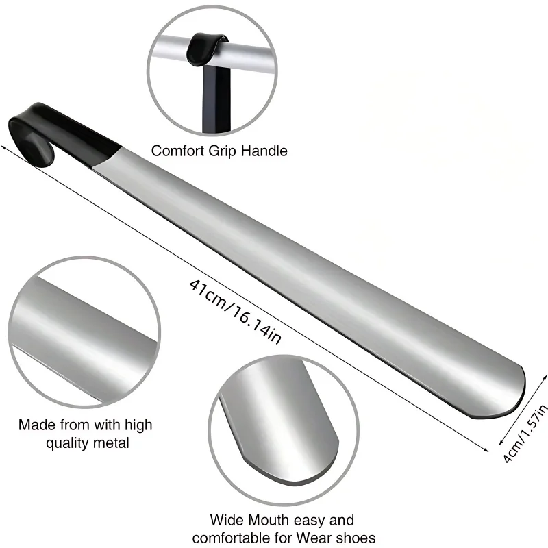Long-Handle Shoe Horn  - Stainless Steel with Soft Grip, No-Bend Shoe Helper for Seniors, Pregnant Women, Easy Slip-On (Si