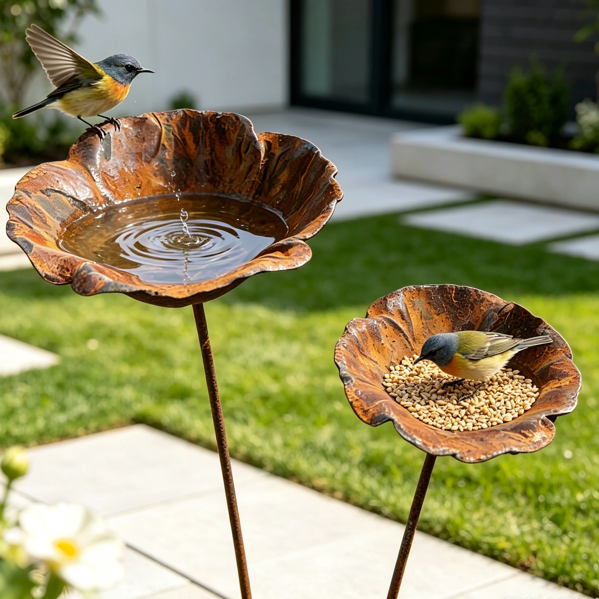 Flower Shape Metal Bird Bath Iron Art Rusted Vintage Bird Water Dispenser Ground Insert Handcrafted Garden Birdbath Decor Stake