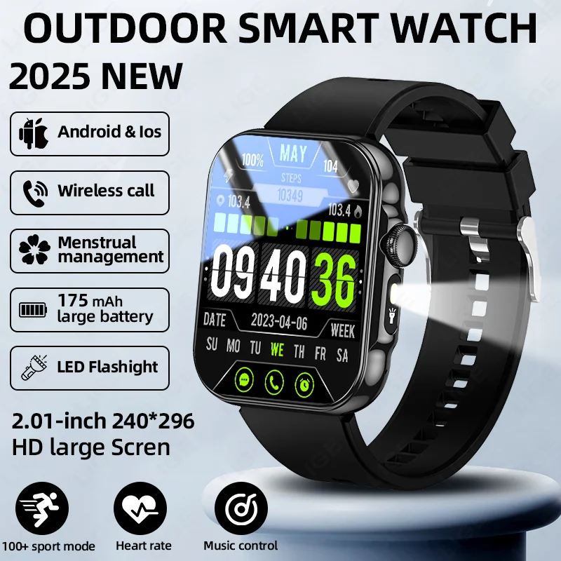 

LIGE Мужские спортивные умные часы 2,02 "HD-экран Кислород в крови Bluetooth Часы для вызова 100+ Спортивный светодиодный фонарик Уличные умные часы Новые