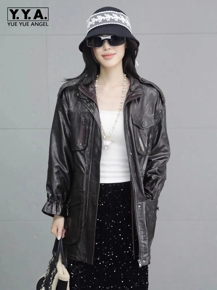 Autumn Oil Wax Cow Leather Lady Jacket Multi Pocket Mid-length Jackets Turndown Collar Slim Fit Outerwear Party Long Sleeve Coat