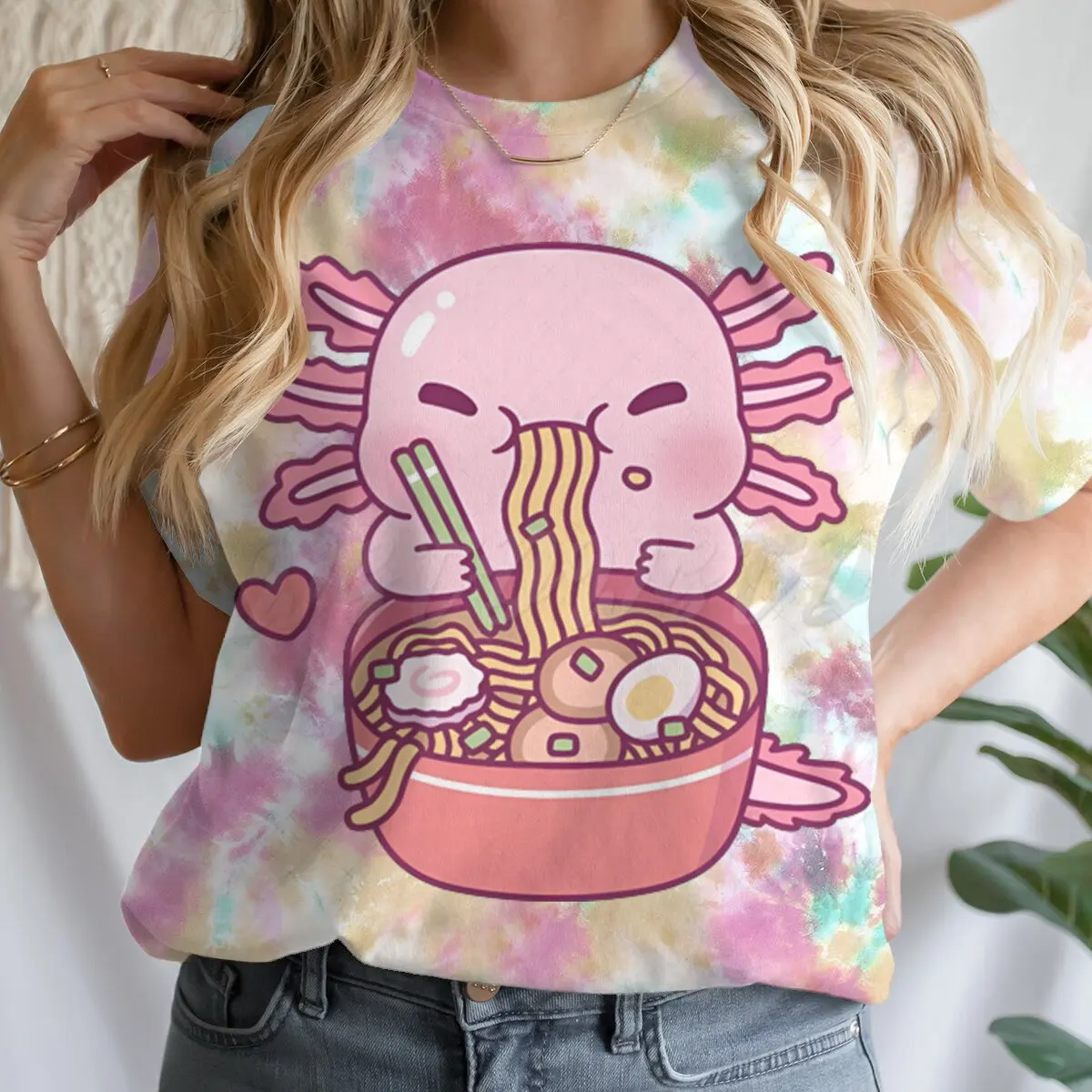 Axolotl Eating Ramen Women's Clothing Noodles Lover Short Sleeve T-shirt Axolotl Lover Gift Kawaii Clothes Cute Animal Gift Tops