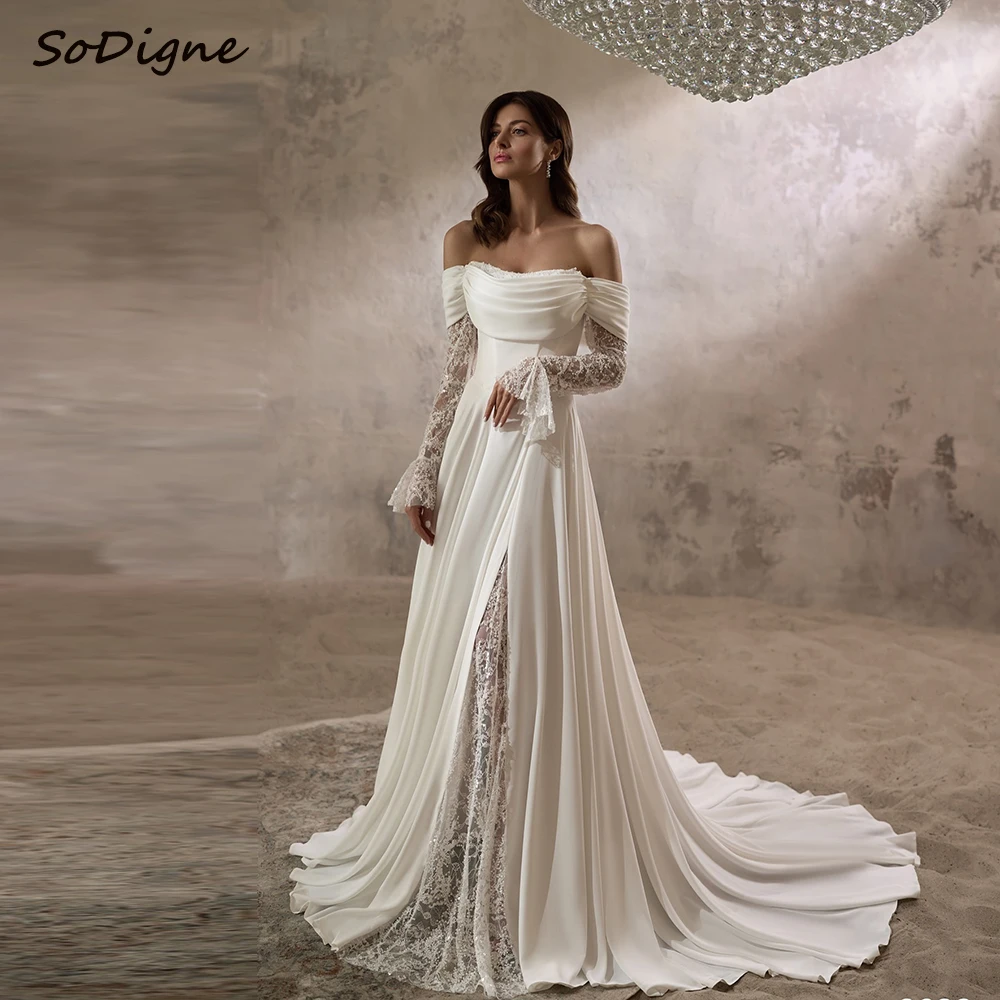 

SoDigne A-line Beach Wedding Dresses Off Shoulder Satin/Lace Bridal Dress 2025 Long Wedding Gown Robe De Mairee ﻿Customized ﻿