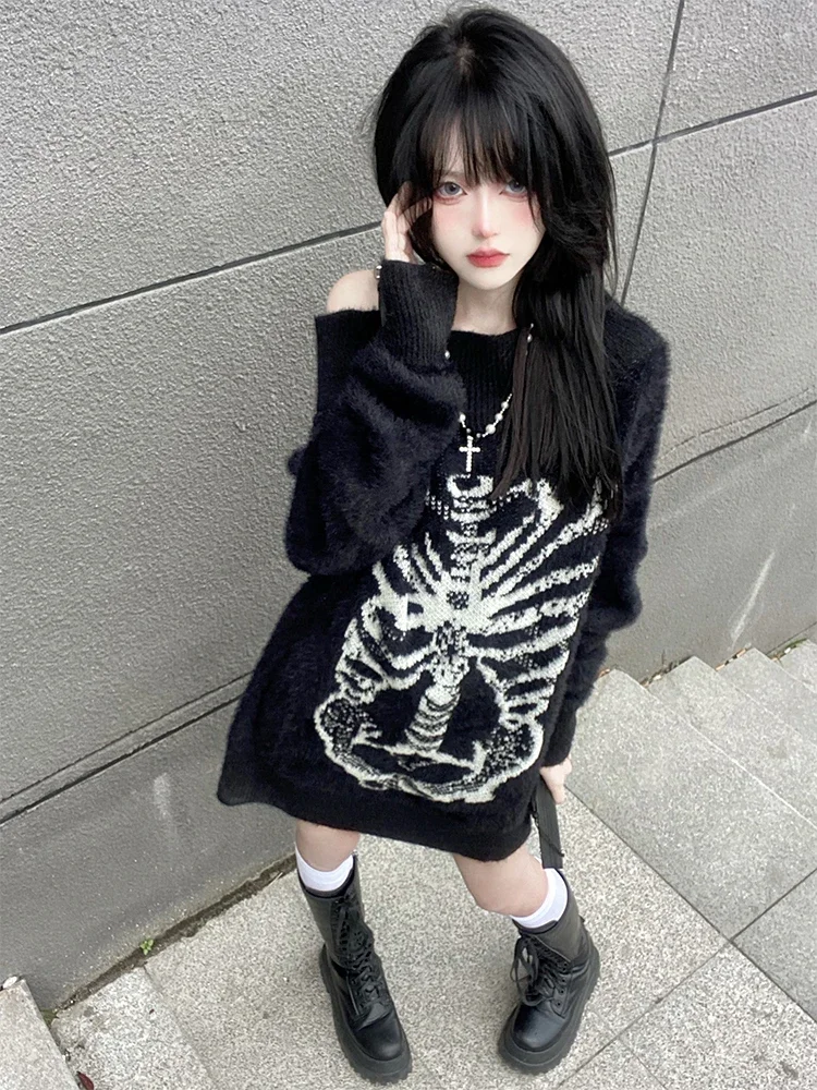 New Autumn Harajuku Gothic Hot Girls Black Bone Print Hip Hop Knitting Long Sleeve Top Fashion Punk Pullover Cool Girl