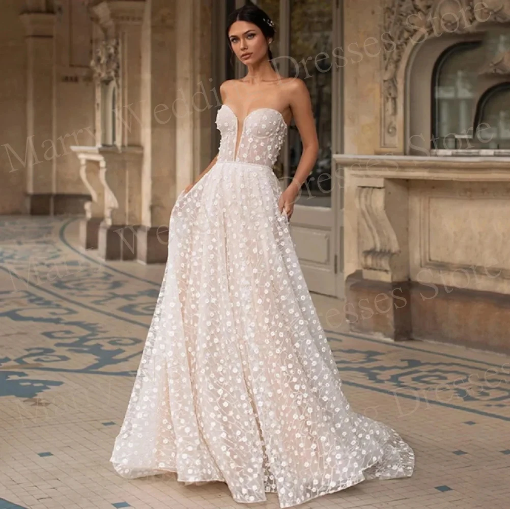 Robes de mariée sans bretelles en dentelle, ligne de fibre, longueur au sol, mariée, dos nu, simple, généreuse, chérie, fête formelle