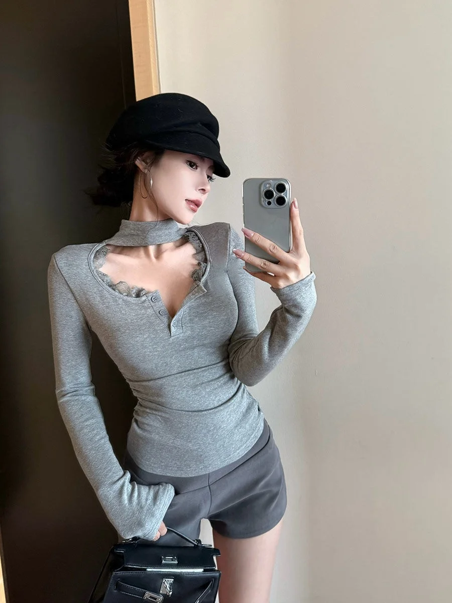 Sexy Hot Girl Chic Casual Top Women's Trendy Choker Neck T-Shirt-Lace Panel Button Placket Slim Fit Ribbed Knit Long Sleeve Top