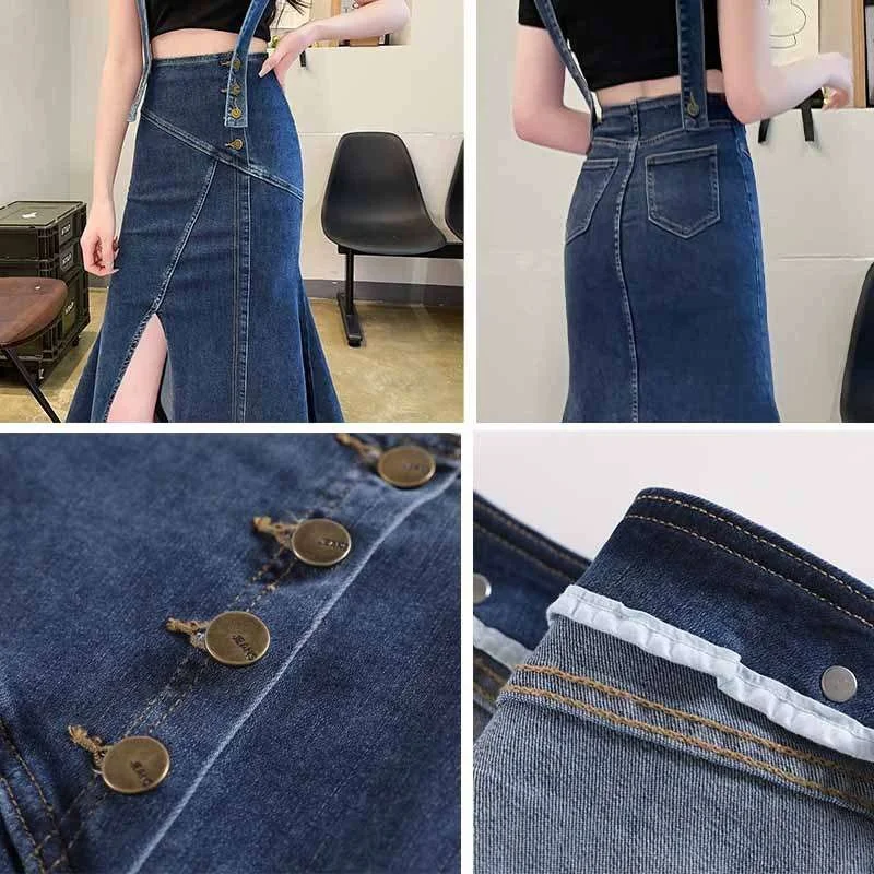 

Stretch Stitching Split Denim Skirt Women's Spring Faion Cleanfit mid Waist PVC Fabric Ciwalk Fi Tail Batwing Sle