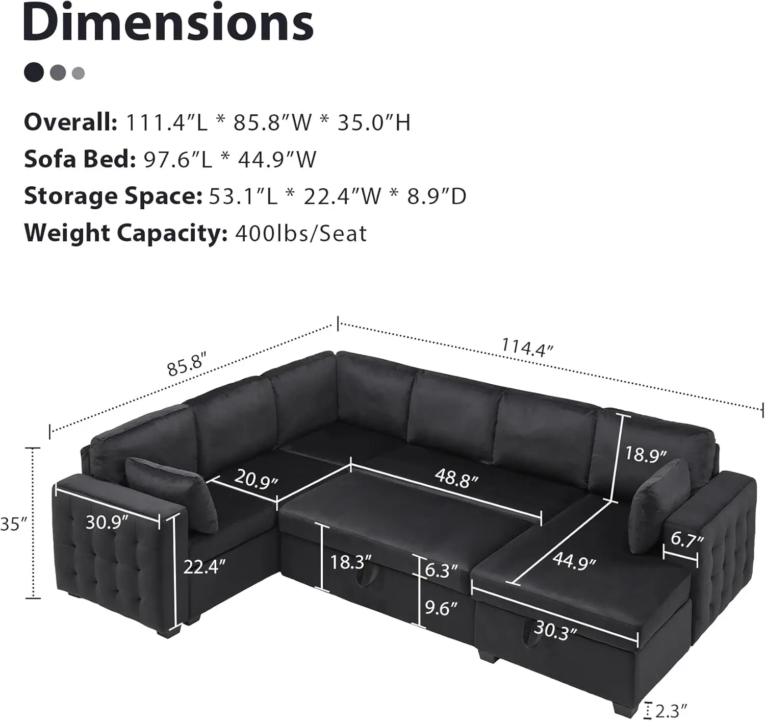 Mestyl Convertible Pull Out Sleeper Sofa Bed With Storage Chaise, Oversized U Shaped Sectional Couch Bed With 2 Pillows, Comfy