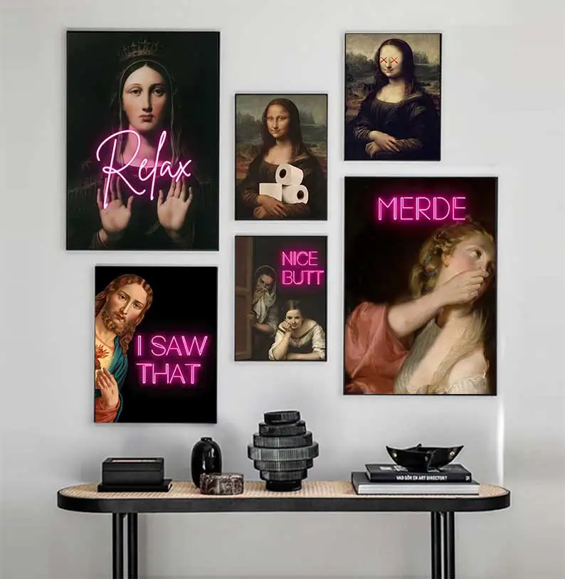Vintage Funny Toilet Sign, Renaissance Art, Portrait Poster, Mona Lisa, Wall Art Pictures, Canvas Painting, Home Bathroom Dec