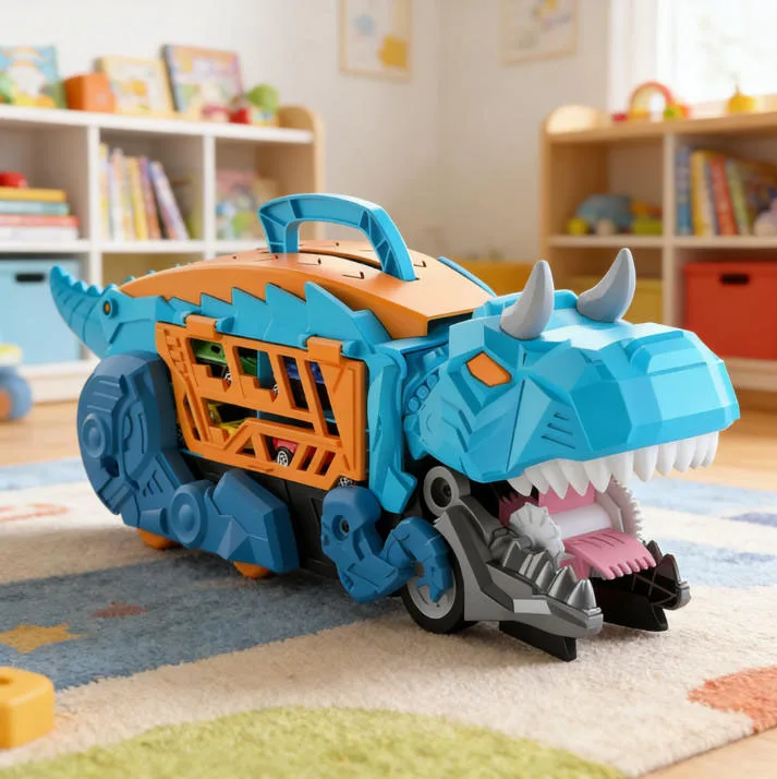 

Children's Dinosaur Transport Truck, Containing 6 Alloy Cars, Blue/Green Dinosaur Race Track Storage Vehicle, Boy's Gift