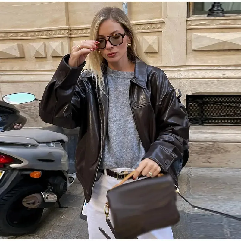 

Women Oversized Faux Leather Bomber Jacket Lapel Collar Full Zip Elastic Hem Loose Casual Vintage PU Leather Coat Streetwear