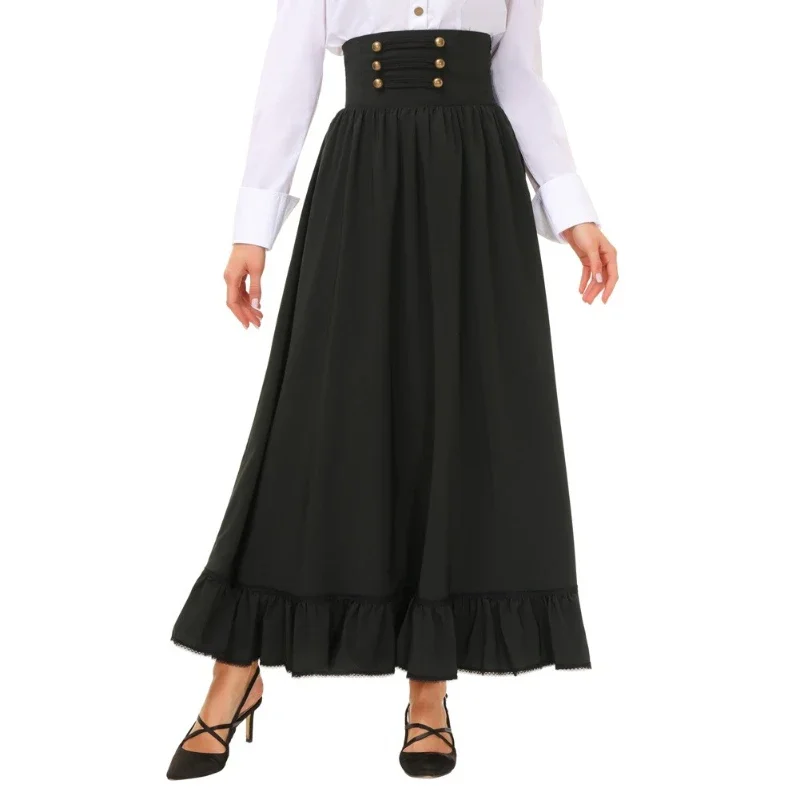 Fashion Women Skirt Gothic Maxi Skirt Female High Waist Ruffled Hem A-Line Elastic Waist Vintage Casual Party Skirt Clothes