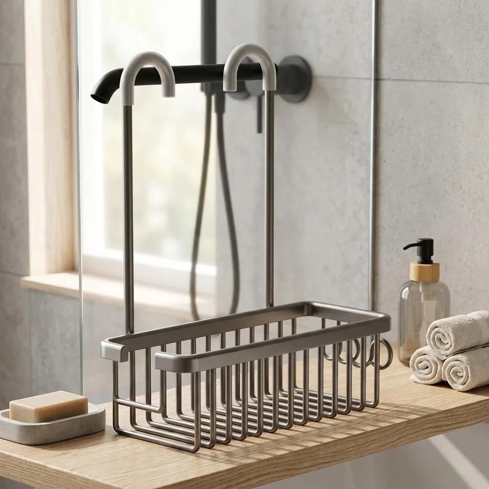 Shower Shelf for Hanging Basket Built for No-Drill Installation Scratch Resistant Hook Coverage and Reliable Daily Use