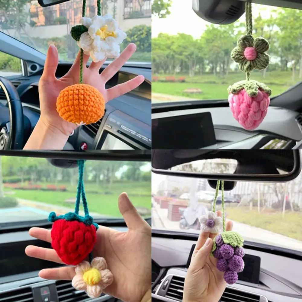 Cute Car Rear View Mirror Hanging Accessory Multi-purpose Handmade Knitted Strawberry Pendant Car Decor Crochet Pagination Mark