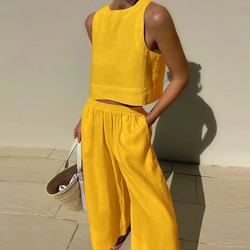 

2023 Casual Soft Fabric Women Set Female Solid Soft 2 Piece Suit Summer O Neck Sleeveless Tank Top And High Waist Pants Outfits