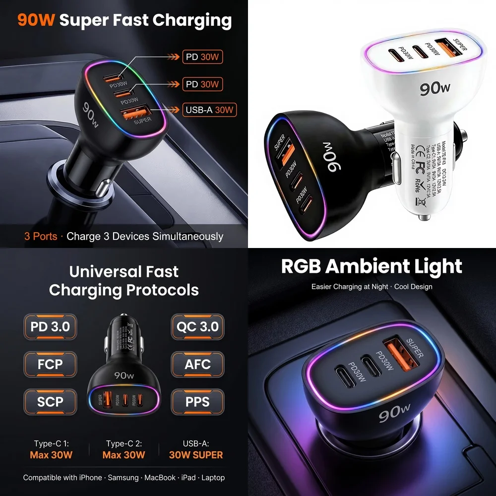90W Car Charger Multi Port Fast Charging Dual PD 30W Type C USB A 30W Adapter for MacBook Laptop Phone PPS QC3.0 RGB LED Light