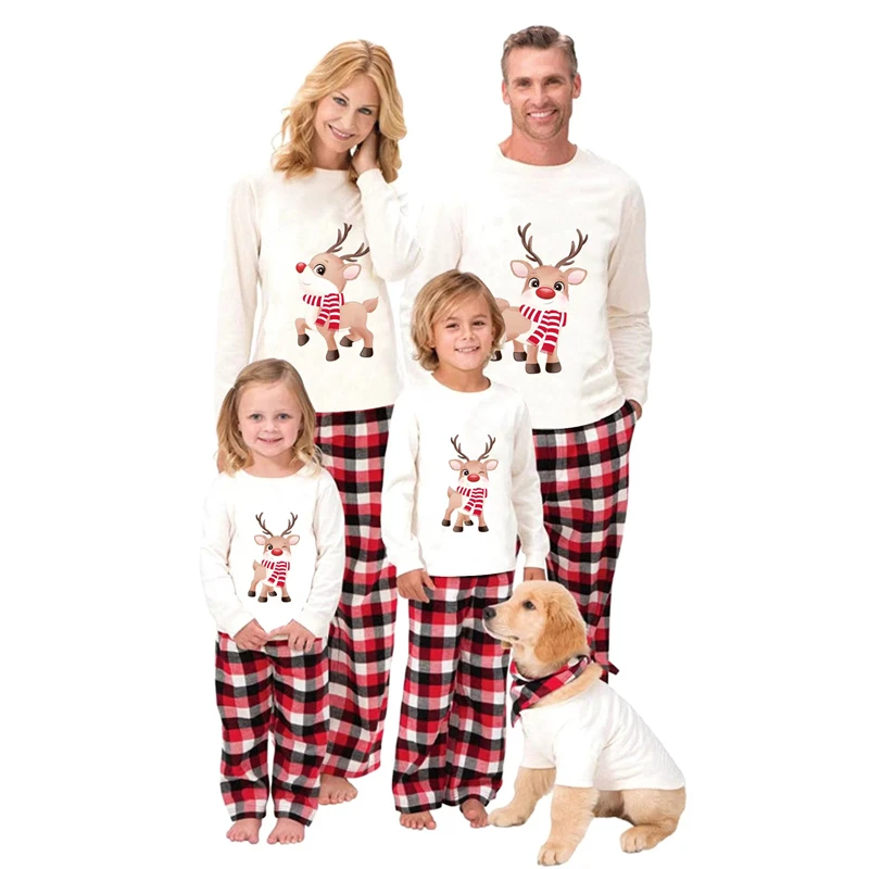 

Cute Elk Christmas Family Matching Outfits Plaid Father Mother Kids Baby Dog Pajamas Sets Daddy Mommy and Me Xmas Pj's Clothes