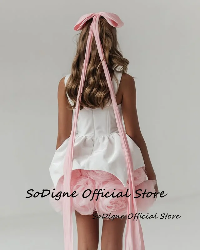 SoDigne 3D Flower A-line Satin Short Flower Girl Dress Sleeveless Birthday Party Dresses 2025 Skirt Girls Kid Gown Customized