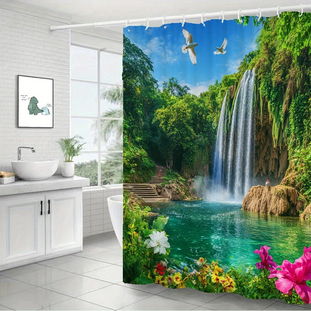 1pc Tropical Waterfall & Egrets Shower Curtain - Vibrant Jungle Scene with Lush Greenery, Limestone Waterfall, and Colorful Flow