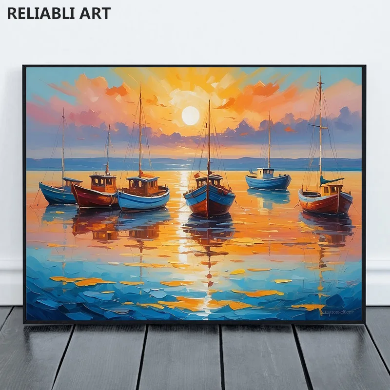 Oil Painting Of boats And Sea On Canvas Sunset Over Ocean Modern Impressionism,Print Poster Wall Art Picture Room Decor Unframed