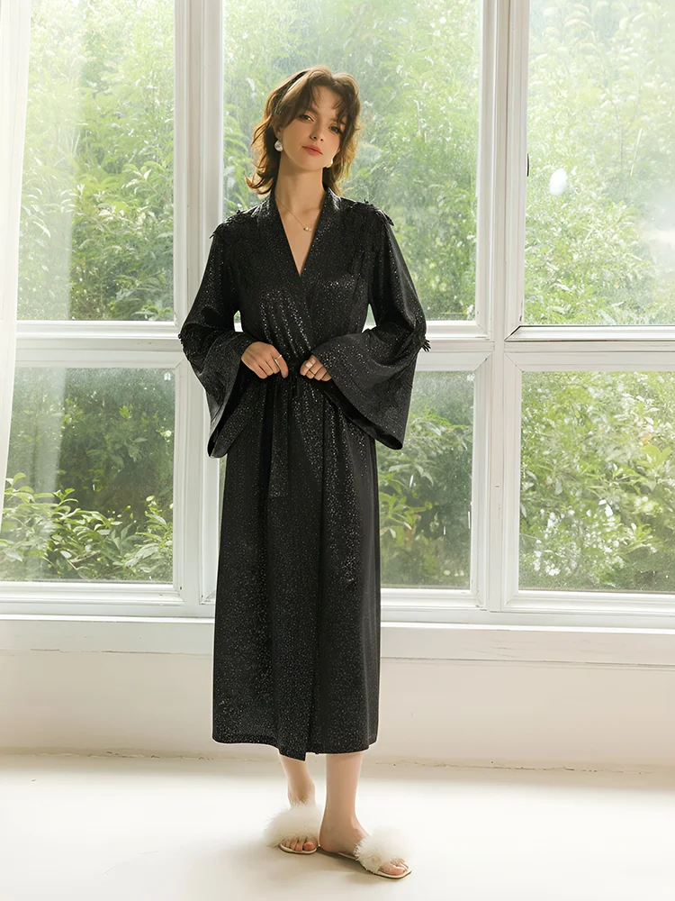 

Dawnloom Black Shimmer Satin Lace-Embellished Flared-Sleeve Tie-Waist Long Robe for Women Luxury Premium Sexy Home Loungewear