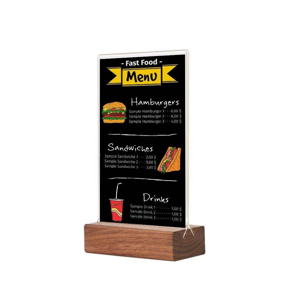 A6 Hitam Dasar Kayu Acrylic Label Tanda Lengan Foto Gambar Poster Menu Berdiri Pemegang untuk Iklan Promosi Sign Display