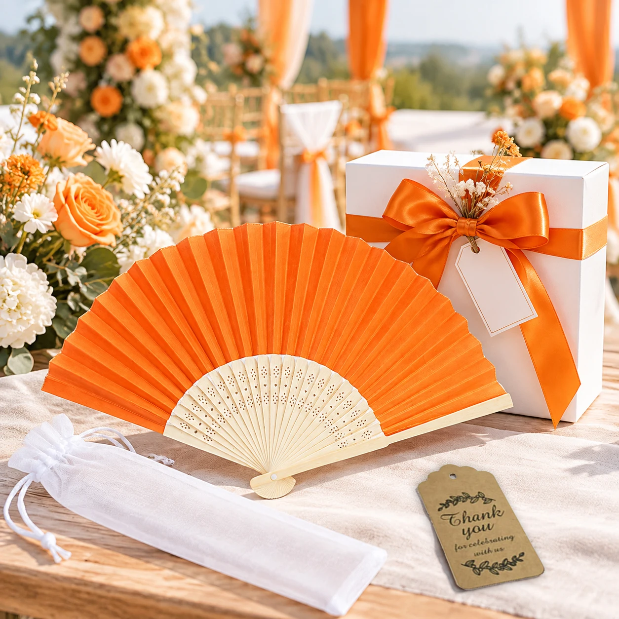 3/15/30Pcs Vibrant Orange Paper Fan Kit – Organza Bag & Thank You Tag Included for Party Favor Gift Wrapping & Event Styling TMZ