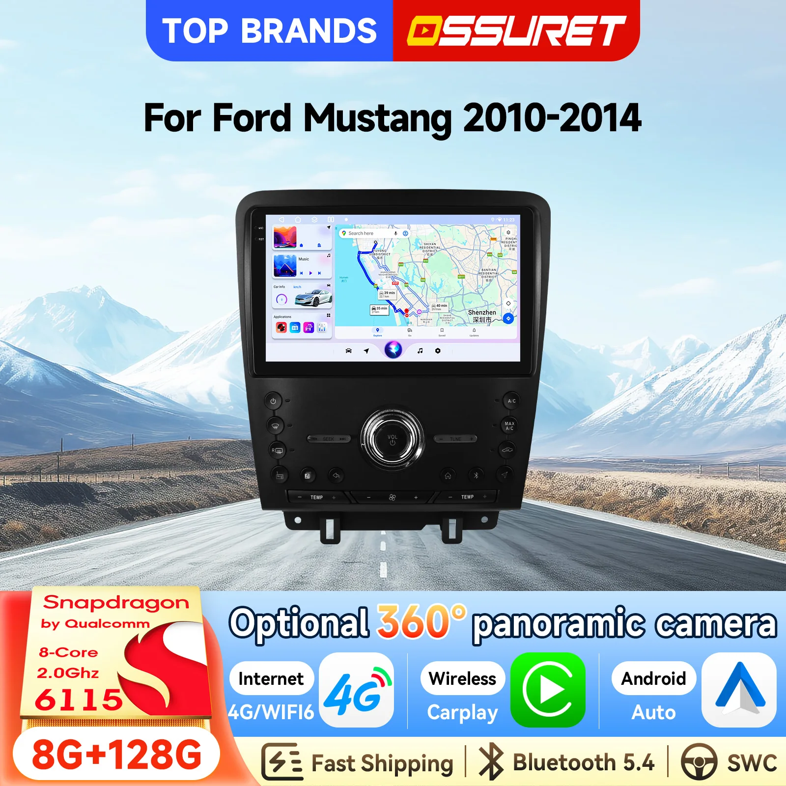 OSSURET Bestseller 2 Din 10,1 Zoll Android 14 Optional 360 °   Kamera-GPS-Navigation Autoradio für Ford Mustang 2010-2014, Snapdragon 6115, kabelloses CarPlay, Android Auto, SWC, 8-Kern, RDS, DSP,