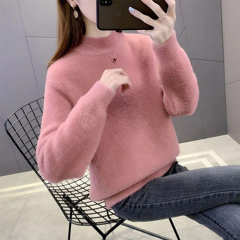 Fluffy Soft Thick Warm Half High Collar Knitted Sweater for Women Autumn Winter Korean Style Solid Long Sleeve Pullovers Jumpers