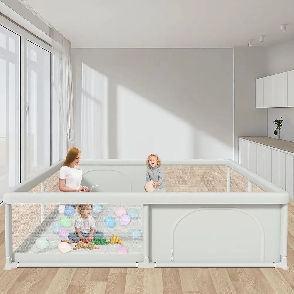 特大79ベビーサークル、ジッパー式ゲート付き、屋内外使用可能、メッシュ壁と滑り止めベース