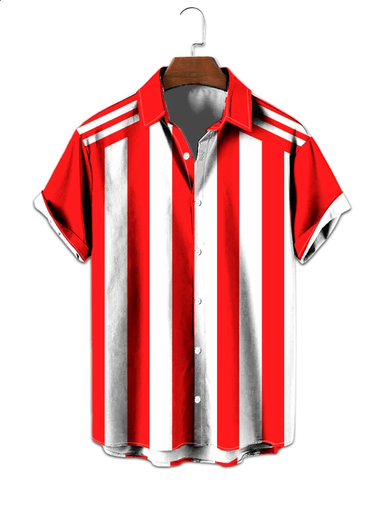 

Summer personality design red and white stripes 3D printing men's short-sleeved shirt casual daily men's new lapel shirt