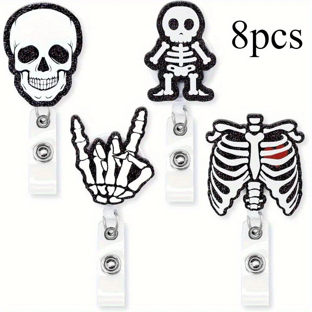 4/8 قطعة بكرات شارة الأشعة السينية. هيكل عظمي أكريليك ومشابك معرف الجمجمة لتقنيات الراداد والممرضات والأطباء. هدية الهالوين/عيد الميلاد.