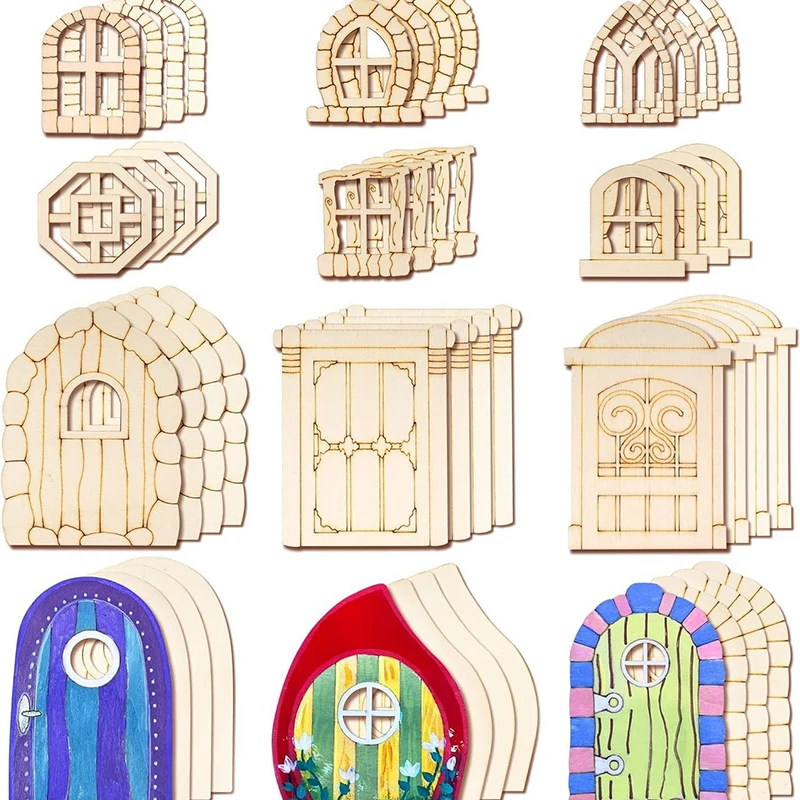 48 Pcs Mini Door Unpainted Fairy Window Party Decoration Tale Doors Decorate House Unfinished Crafts DIY Wood Chips Blank