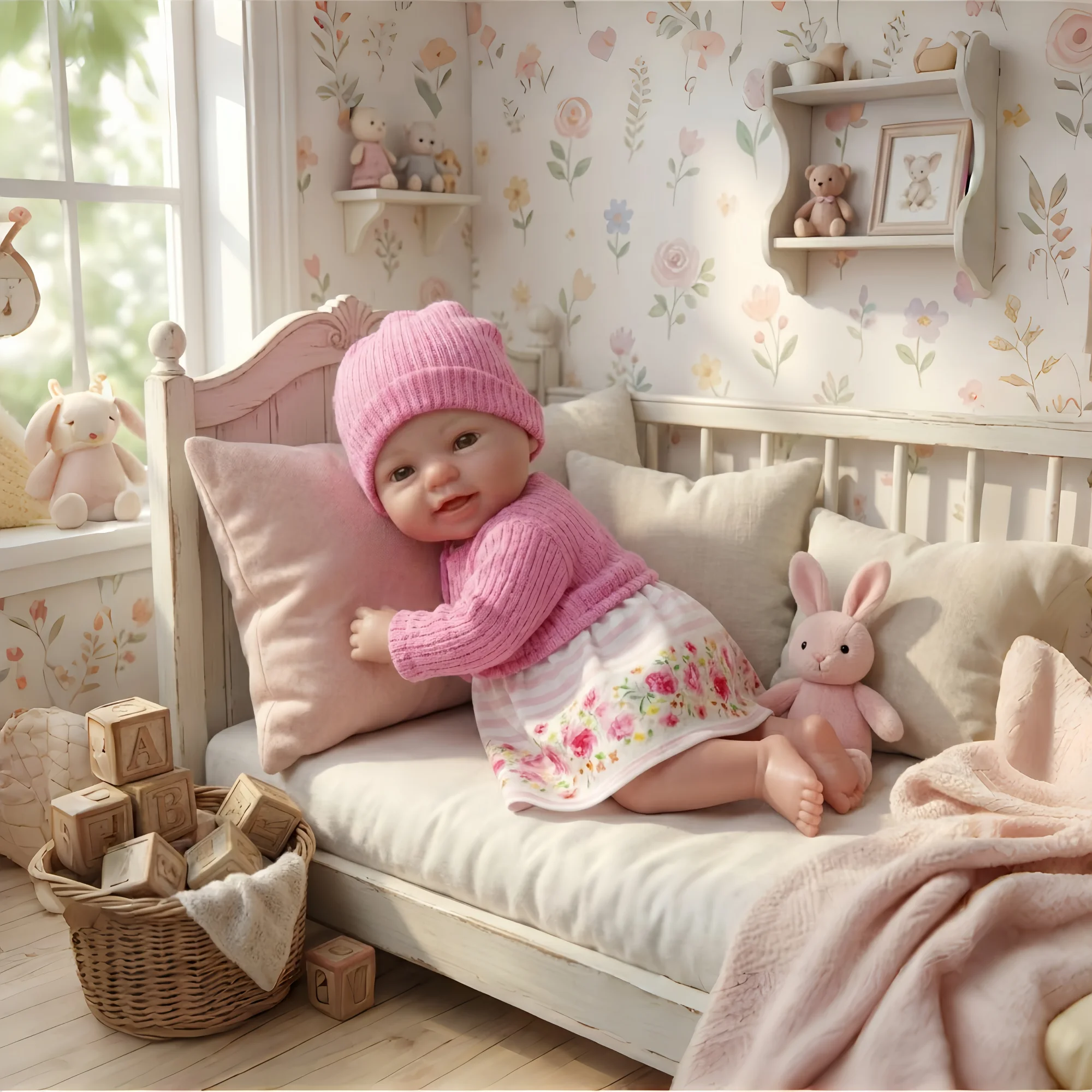 40CM Smiling Silicone Girl Doll With Bald Already Painted Very Cute Lifelike Can Open Mouth reborn de silicona For Kids' Gift