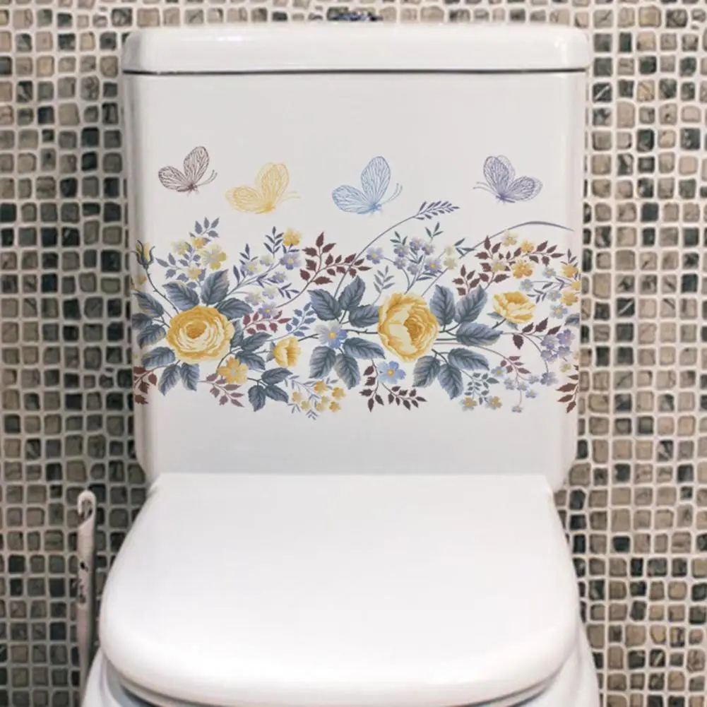 Colorful Flower Toilet Decal Adhesive Floral Print Decal Waterproof Pvc Flower Butterflies Toilet Sticker Removable for Colorful